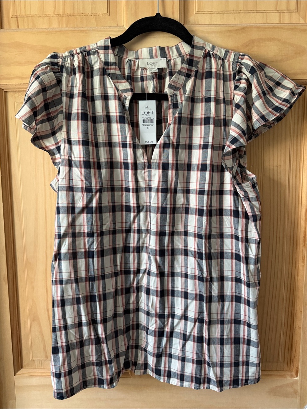 LOFT Navy, Cream & Rust Plaid Flutter Sleeve Blouse